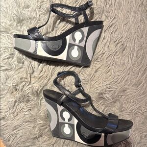 Coach Black Wedge Sandals with Gray & White Graphic Platform